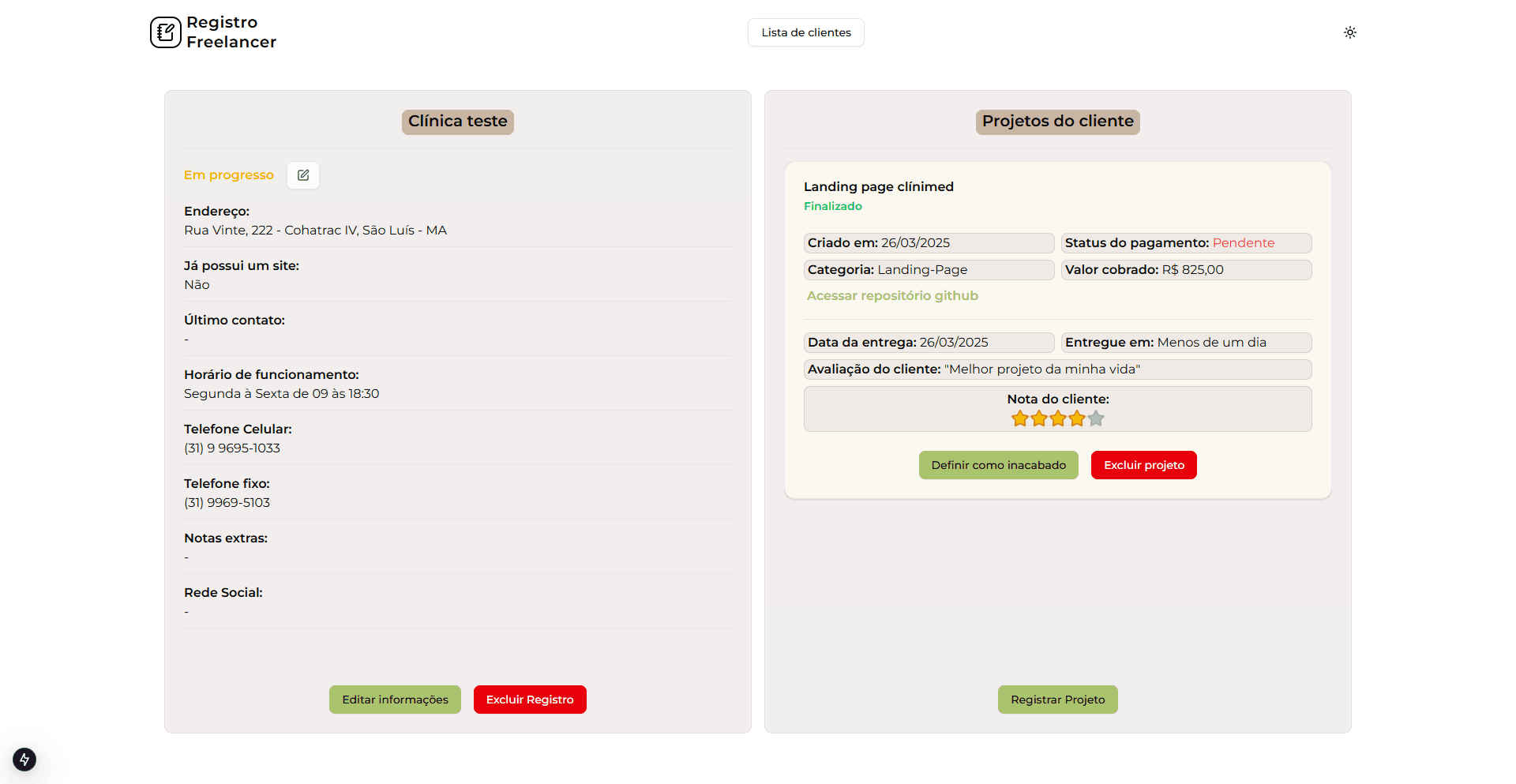 Controle Profissional de Clientes full-stack para freelancers com Next.js e PostgreSQL, oferecendo controle de projetos, status personalizáveis e busca inteligente — reduzindo significativamente tarefas manuais.